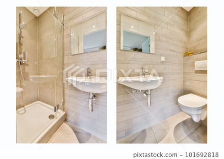 a bathroom with two sinks and a bathtub in the same photo, one has a mirror on the wall a bathroom with two sinks and a bathtub in the same photo, one has a mirror on the wall 101692818