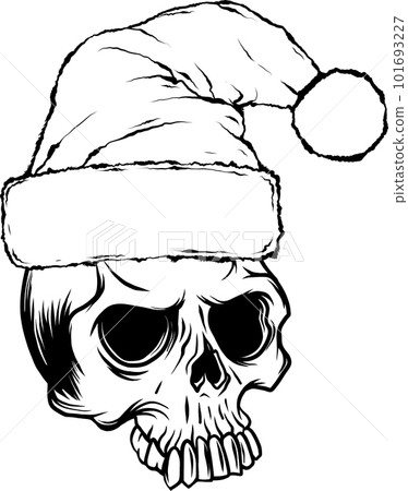 monochrome outline drawing of a horror santa claus skull with hat pompom. 101693227