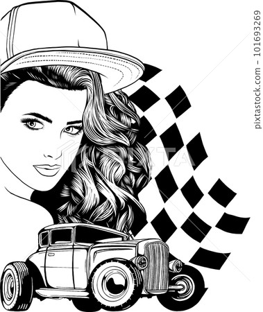 American custom retro cars vintage concept in monochrome style with checkered flags pretty mechanic girls and hot rods isolated vector illustration American custom retro cars vintage concept in monochrome style with checkered flags pretty mechanic girls and hot rods isolated vector illustration 101693269