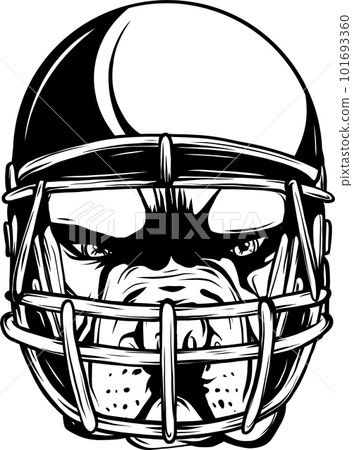 monochrome Portrait of the Smiling dog in a blue rugby helmet. Vector illustration. 101693360