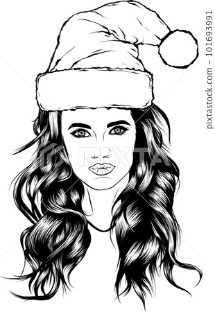 Santa girl outline vector image. Beautiful woman in a hat with a pompom. 101693991