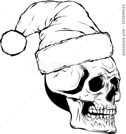 monochrome outline drawing of a horror santa claus skull with hat pompom. 101694033