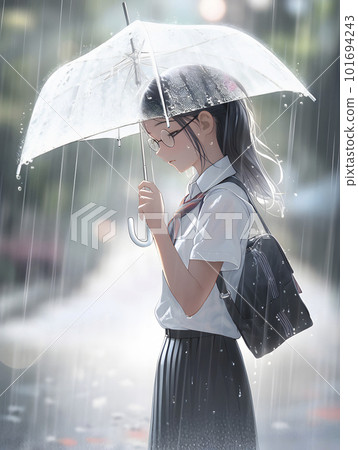 A girl student in uniform holding an umbrella in the rain "AI-generated image" 101694243