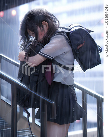 A high school girl who is overwhelmed by the pouring rain "AI generated image" 101694249