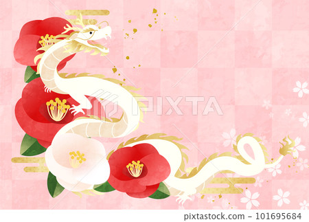 龍與紅白山茶花 2024 年新年賀卡模板（矢量圖） 101695684