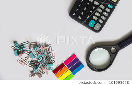 Stationery, school supplies calculator, magnifier, stickers, cactus and paper clips 101695938