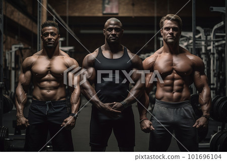 Advertising shot of a extreme bodybuilders in the gym. Concept extreme gym. Generative AI Advertising shot of a extreme bodybuilders in the gym. Concept extreme gym. Generative AI 101696104