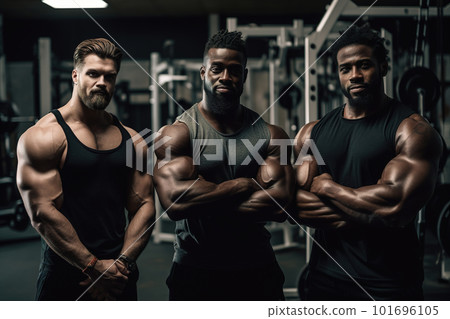 Advertising portrait shot of a team extreme bodybuilders workout standing together in a gym and smiling at the camera. Generative Ai 101696105