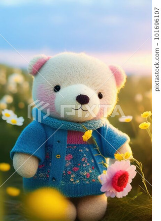 Cute yarn doll teddy bear in field of flower on glowing light Created with Generative AI technology. 101696107