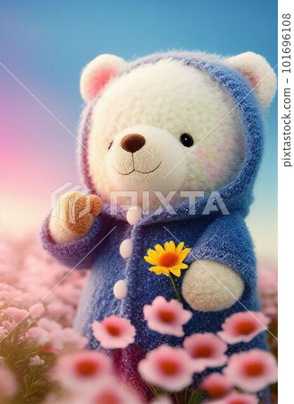 Cute yarn doll teddy bear in field of flower on glowing light Created with Generative AI technology. 101696108
