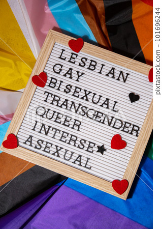 LGBTQIA description frame on Rainbow LGBTQIA flag made from silk material. LESBIAN, GAY, BISEXUAL, TRANSGENDER, QUEER, INTERSEX, ASEXUAL Symbol of LGBTQ pride month. Equal rights. Peace and freedom 101696244