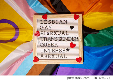 LGBTQIA description frame on Rainbow LGBTQIA flag made from silk material. LESBIAN, GAY, BISEXUAL, TRANSGENDER, QUEER, INTERSEX, ASEXUAL Symbol of LGBTQ pride month. Equal rights. Peace and freedom 101696275