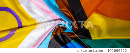 Banner Rainbow LGBTQIA flag made from silk material. Happy pride month. Symbol of LGBTQ pride month. Equal rights. Peace and freedom. Support LGBTQIA community 101696312