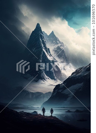 Strong man hiking to peak of snow mountain on cold winter Created with Generative AI technology. Strong man hiking to peak of snow mountain on cold winter Created with Generative AI technology. 101696570