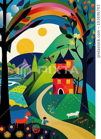 Kid make arts by painting colorful of beautiful house on hill Created with Generative AI technology. 101696703