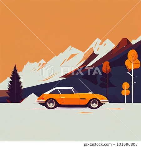 Illustration of minimalist sport car on landscape background Created with Generative AI technology. 101696805