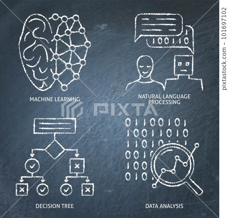Data analysis and machine learning chalkboard icon set Data analysis and machine learning chalkboard icon set 101697102
