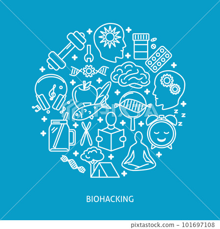 Biohacking round concept banner with icons in line style 101697108