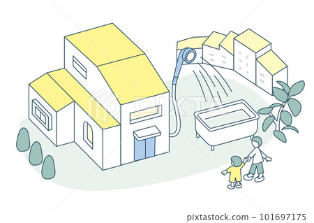 房子裡的水循環。淋浴和浴缸 101697175