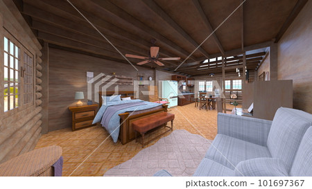 One room with wooden interior 101697367