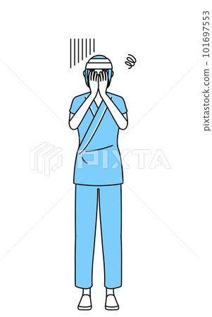 Depressed female hospital patient with bandaged head covering face Depressed female hospital patient with bandaged head covering face 101697553