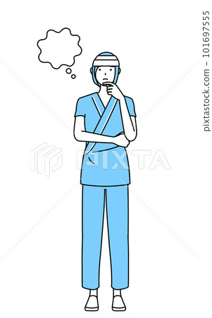 A female hospital patient with a bandaged head thinking while scratching her face 101697555