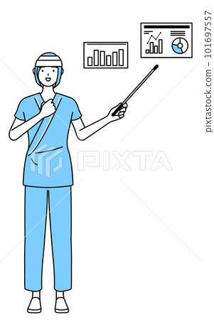 Female hospital patient with bandaged head analyzing performance graph 101697557