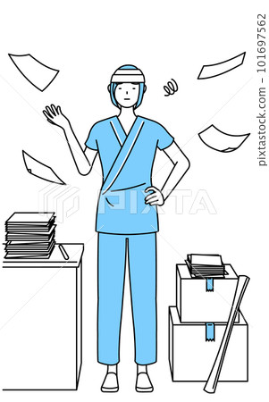 A female hospital patient with a bandaged head tired of messy work A female hospital patient with a bandaged head tired of messy work 101697562