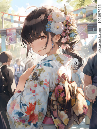 A woman wearing a glossy kimono 
