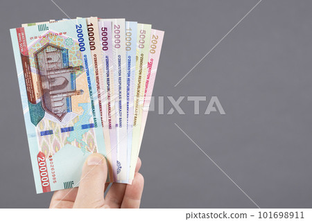 Uzbek money in hand on a gray background 101698911