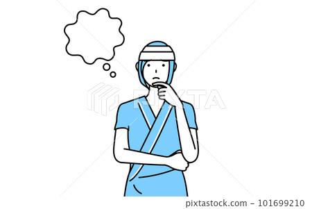 A female hospital patient with a bandaged head thinking while scratching her face 101699210