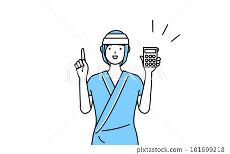 A female hospital patient with a bandaged head holding a calculator and pointing A female hospital patient with a bandaged head holding a calculator and pointing 101699218