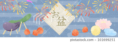 帶有盂蘭盆節插圖的藍色日本橫幅 C 101699251