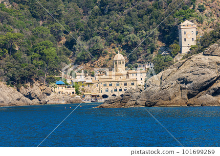 San Fruttuoso Abbey and Andrea Doria Tower - Liguria Italy San Fruttuoso Abbey and Andrea Doria Tower - Liguria Italy 101699269