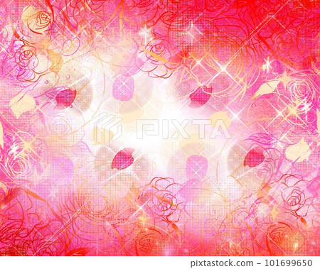 女孩卡通閃閃發光的星星、粉紅玫瑰和花瓣舞動的筆劃彩色插圖 101699650