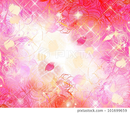 女孩卡通閃閃發光的星星、粉紅玫瑰和花瓣舞動的筆劃彩色插圖 女孩卡通閃閃發光的星星、粉紅玫瑰和花瓣舞動的筆劃彩色插圖 101699659