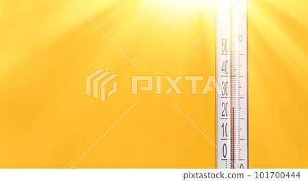 Outdoor thermometer with mark of twenty-five degrees Celsius against yellow background under sunlight Outdoor thermometer with mark of twenty-five degrees Celsius against yellow background under sunlight 101700444