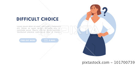 Woman thinking over question. Dilemma problem concept. Flat vector illustration Woman thinking over question. Dilemma problem concept. Flat vector illustration 101700739