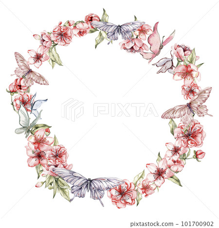 Spring flowers wreath. Watercolor illustration for scrapbooking, cards, backgrounds. Cartoon hand drawn background with summer flower for kids design. Perfect for wedding invitation. 101700902