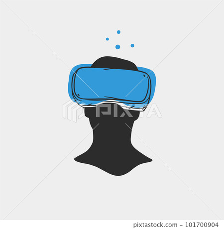 Hand drawn vector abstract graphic line art collection with virtual reality technology headset devise and human silhouette. Human in virtual reality headset outline design. Concept of virtual reality. 101700904