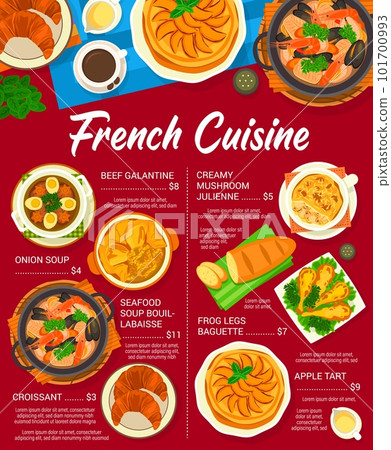French cuisine menu with France food dishes and meals, vector gourmet lunch and dinner. French cuisine restaurant food, onion and seafood soup bouillabaisse, beef galantine and mushroom julienne 101700993