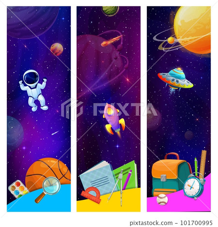 School banners with stationery and space planets, UFO, rocket and astronaut. Starry galaxy vector background with borders of cartoon books, pencil and notebook, school bag, ruler, pen, paint and ball 101700995