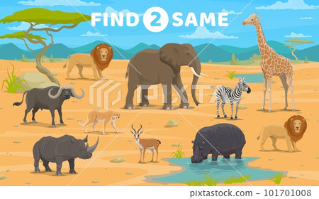 Find two same african savannah animals. Vector worksheet with zebra, rhino, buffalo, lion or hippo. Antelope, cheetah, elephant or giraffe cartoon characters. Kid game for visual cognition development Find two same african savannah animals. Vector worksheet with zebra, rhino, buffalo, lion or hippo. Antelope, cheetah, elephant or giraffe cartoon characters. Kid game for visual cognition development 101701008