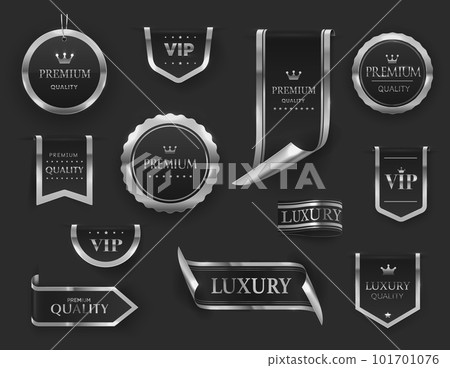 Silver luxury labels and banners. Vector set of seals, medals, award badges, best quality guarantee certificates, emblems and ribbons for product promotion. Isolated VIP quality guaranteed stamps Silver luxury labels and banners. Vector set of seals, medals, award badges, best quality guarantee certificates, emblems and ribbons for product promotion. Isolated VIP quality guaranteed stamps 101701076