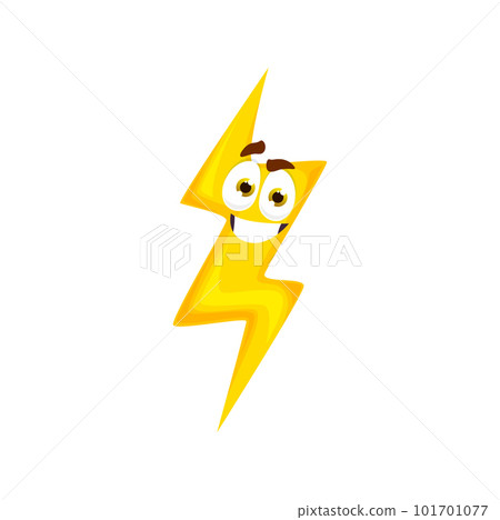 Cartoon lightning character, isolated vector whimsical bolt, playful electric charge with lively smile and mischievous face expression. Striking flash funny personage for children book or weather app Cartoon lightning character, isolated vector whimsical bolt, playful electric charge with lively smile and mischievous face expression. Striking flash funny personage for children book or weather app 101701077
