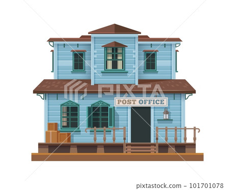 Western Wild West post office or Texas town building, vector cartoon wood house. American country cowboy or Wild West architecture, post mail office wooden building with signage 101701078