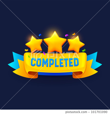 Game level complete badge or icon. Vector ui or gui interface element, reward popup stars with blue and gold banner. Award or bonus for mobile app, video or online game successful competition 101701090