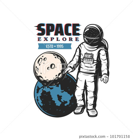 Astronaut and space planets, spaceman in spacesuit in spaceflight, vector emblem. Galaxy exploration, Mars or Moon planet discovery mission badge for galactic astronaut flights 101701158