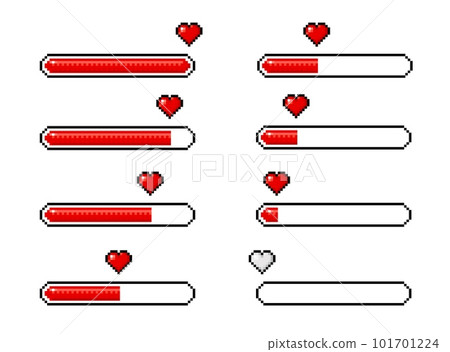 Pixel heart loading bars for 8 bit game icons vector video arcade assets. Pixel heart loading progress bar with half, full and empty load, video game user or gamer life, energy and health meter status Pixel heart loading bars for 8 bit game icons vector video arcade assets. Pixel heart loading progress bar with half, full and empty load, video game user or gamer life, energy and health meter status 101701224