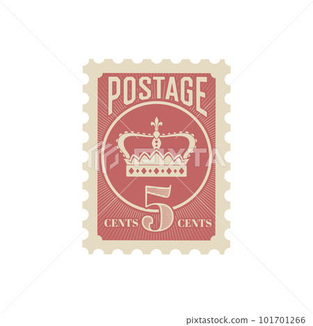 Antique postcard, retro postage stamp and vintage mail with royal crown. Mail delivery antique mark, post envelope, letter or correspondence vector historic postal stamp with king or queen crown 101701266